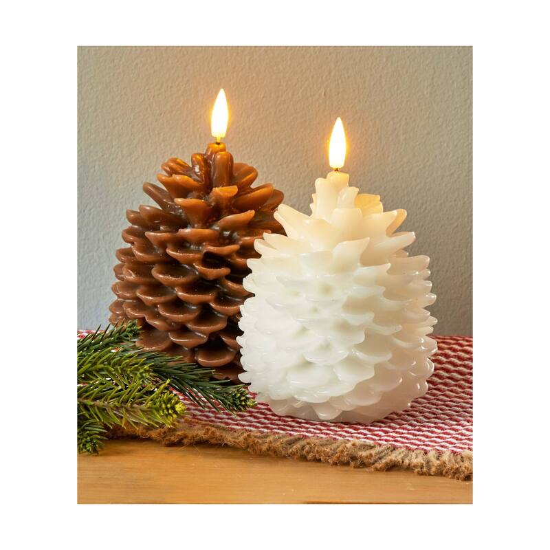 Pinecone LED Flameless Candle - White Sculpted Wax Candle for Fall Decor, 6.5" H x 4" L x 4" W, Easy Care