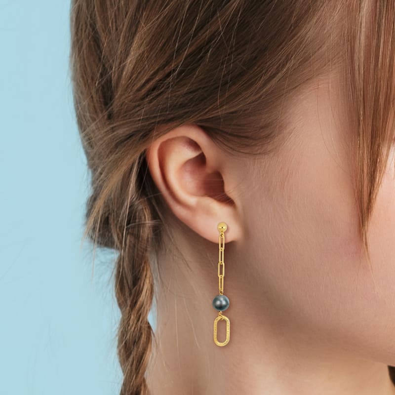 Miadora 9-10mm Dyed Grey Cultured Freshwater Pearl Oval Link Earrings in Yellow Silver