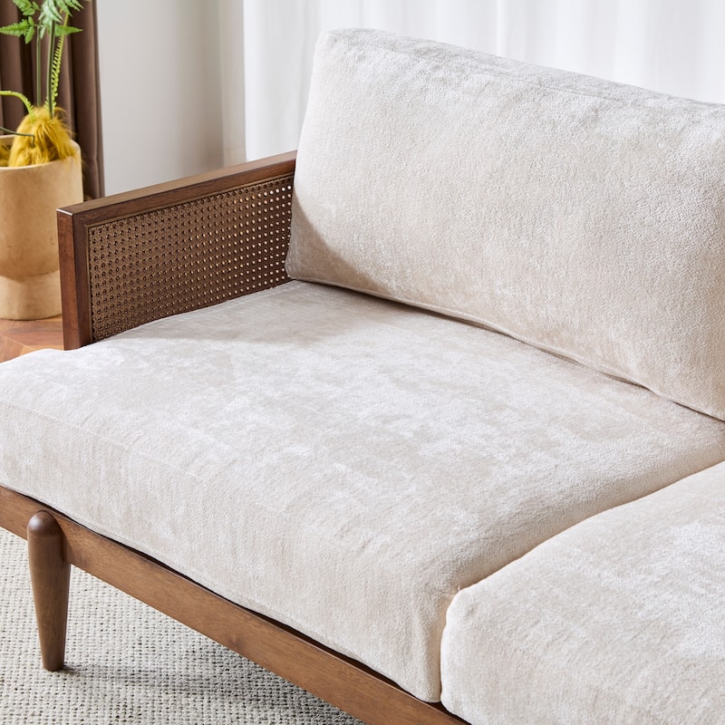 Minimalist Sofa Couch with Rattan Armrests, 3-Seater Sofa Couch Walnut Settee Couch with Wooden Frame