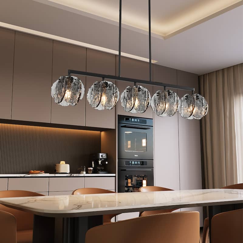 5-Light Linear Chandelier with Hand-Blown Smoke Gray Glass Shades - Smoky Gray