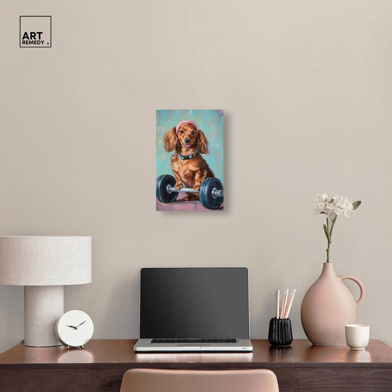 Cute Doxxie Work Out Canvas by Art Remedy, Gallery Wrapped