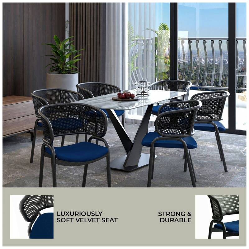 Ervilla Modern Upholstered Accent Side Chair with Wicker Back and Black Iron Legs for Dining Room & Kitchen, Set of 4