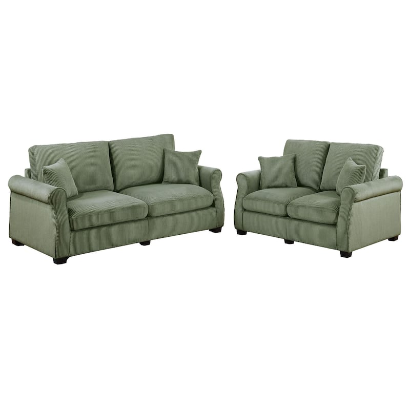 Jesica 2pc Loveseat n Sofa Set, 2 Pillows, Sage Green Corduroy Fabric