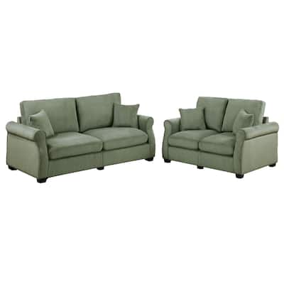 Jesica 2pc Loveseat n Sofa Set, 2 Pillows, Sage Green Corduroy Fabric