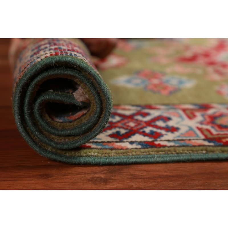 Green Geometric Kazak Oriental Rug Hand-Knotted Wool Carpet - 2'0"x 3'0" - 2'0"x 3'0" - Green
