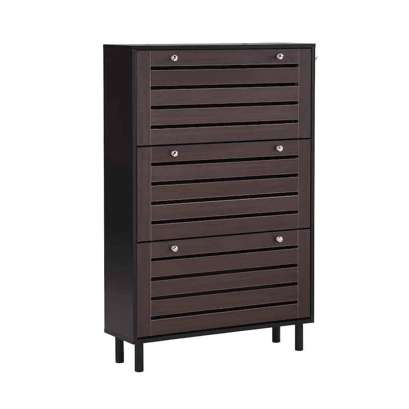 Freestanding Shoe Rack with Adjustable Panel, Slim Tipping Bucket Shoe Cabinet, Entryway Organizer with 3 Drawers & Hooks