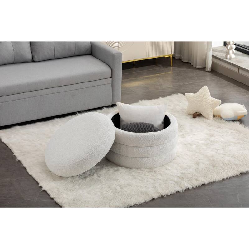 Boucle Fabric Storage Ottoman Footstool with Wooden Shelving