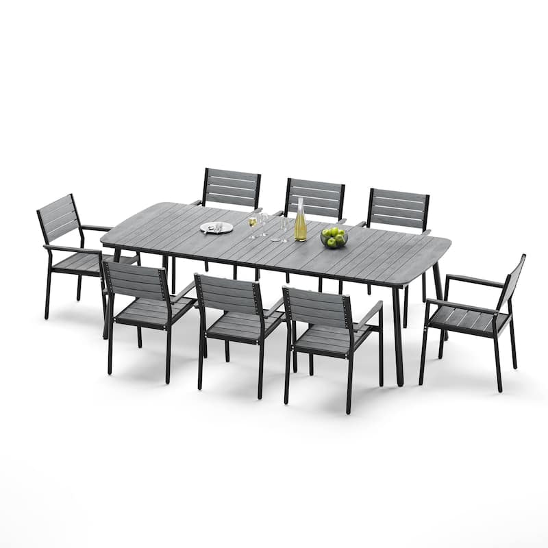9-Piece Rectangular Patio Outdoor Dining Table Set with Umbrella Hole and Stackable Armchairs