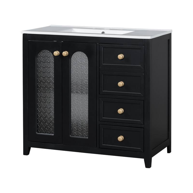 30''/36'' Bathroom Vanity with Sink, 3 Drawers Bathroom Storage Cabinet with Soft-Close Glass Door and Adjustable Shelf