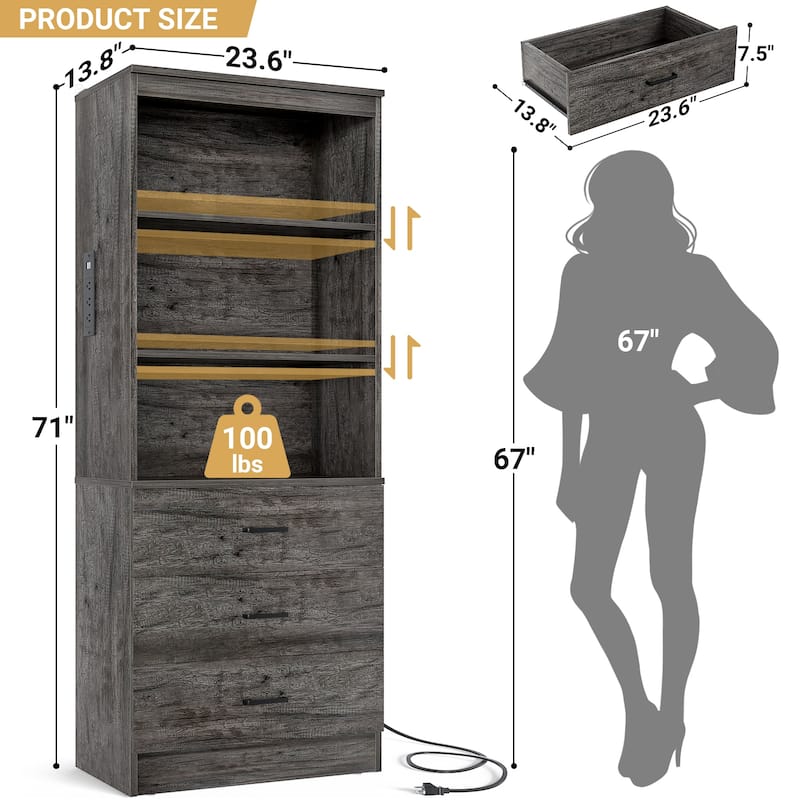 6-Tier 23.6'' Display Cabinet with Charging Station and Drawers, Bookcase Storage Shelf Kitchen Pantry