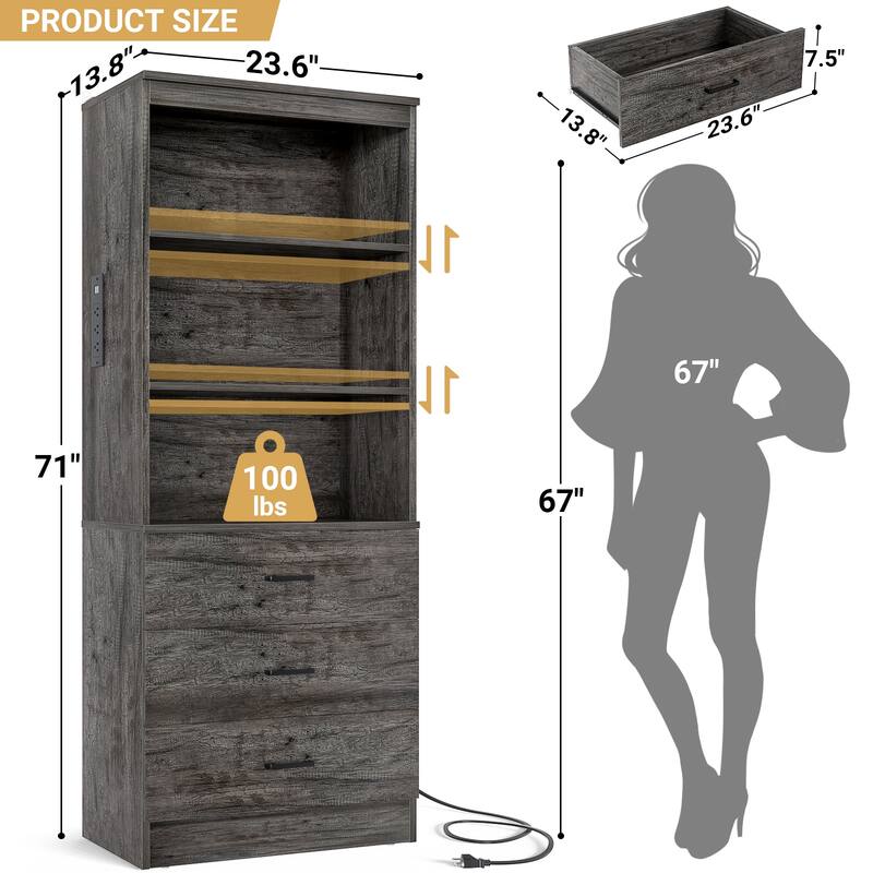 Tall Buffet Sideboard with Charging Station, Storage Pantry Organizer with Drawers and Shelves