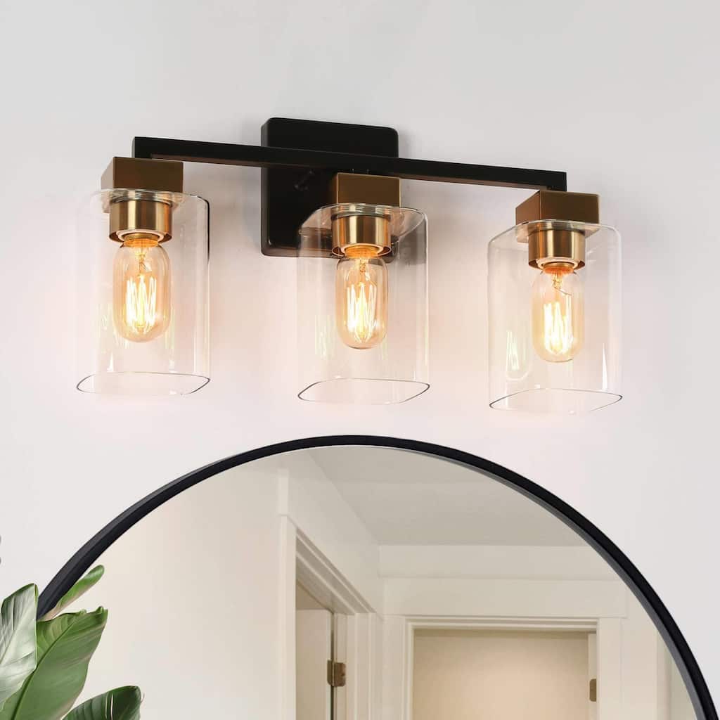 Modern Farmhouse Black Gold 3-Light Square Bathroom Vanity Light Glass Wall Sconces - L 18" x W 5.5" x H 10"