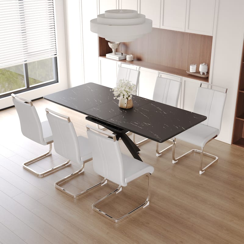 Modern Dining Set with Rectangular Extendable Table & High Back C-shaped Tube Armless Chairs