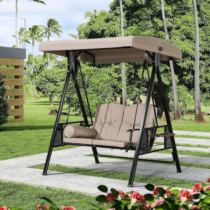 PURPLE LEAF 2-Seat Deluxe Outdoor Patio Porch Swing with Weather Resistant Steel Frame, Cushions and Pillow Included - Khaki - 2-Seat