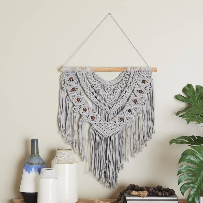 Cotton Fabric Macrame Handmade Intricately Weaved Wall Decor with Beaded Fringe Tassels - Gray - Roche River Decor