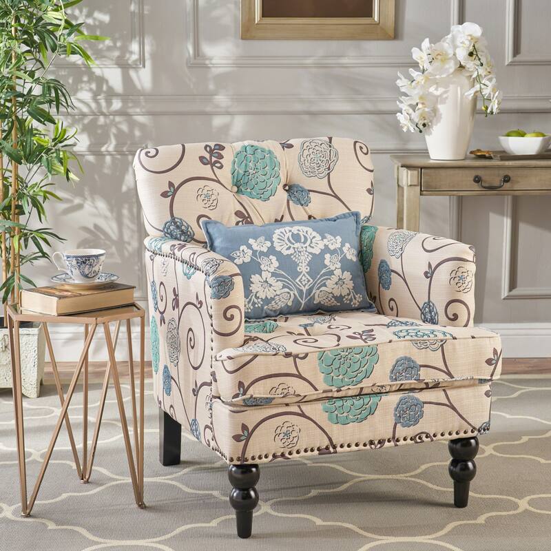Floral Fabric Club Chair with Tufted Back, Nailhead Trim & Birch Legs - White+Blue