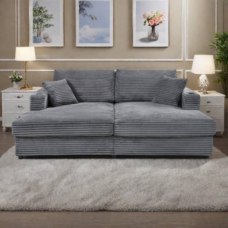 86.5" Corduroy Chaise Lounge Sofa with 2 USB Ports, Cup Holders, and 550lb Capacity - Dark Gray