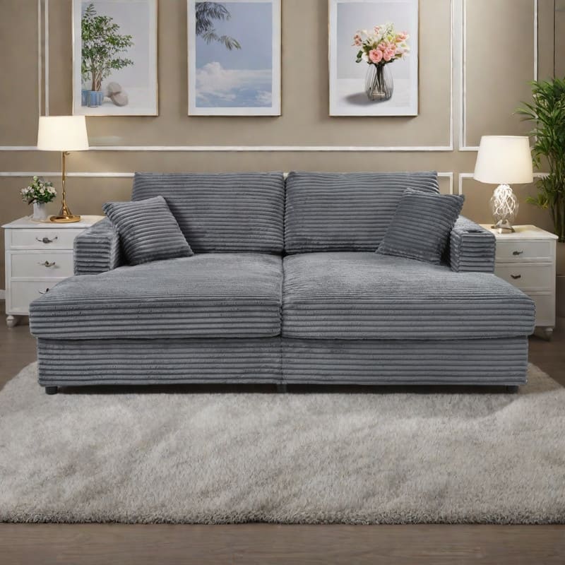 86.5" Corduroy Chaise Lounge Sofa with 2 USB Ports, Cup Holders, and 550lb Capacity