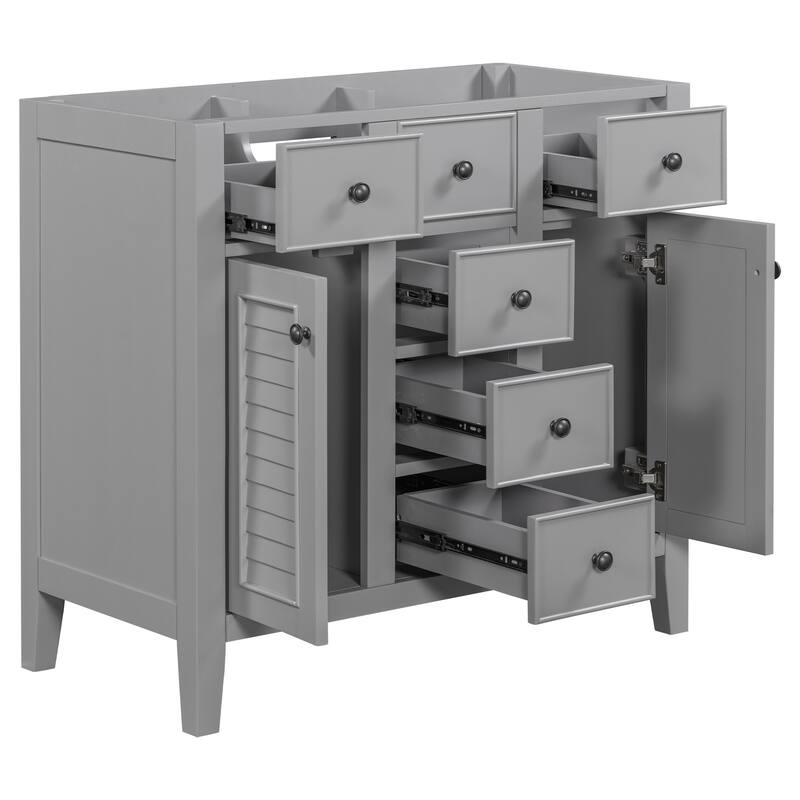 36" Modern Bathroom Vanity Cabinet Base in Grey with Two Cabinets, Five Drawers & Open Storage Shelf, Solid Wood Frame