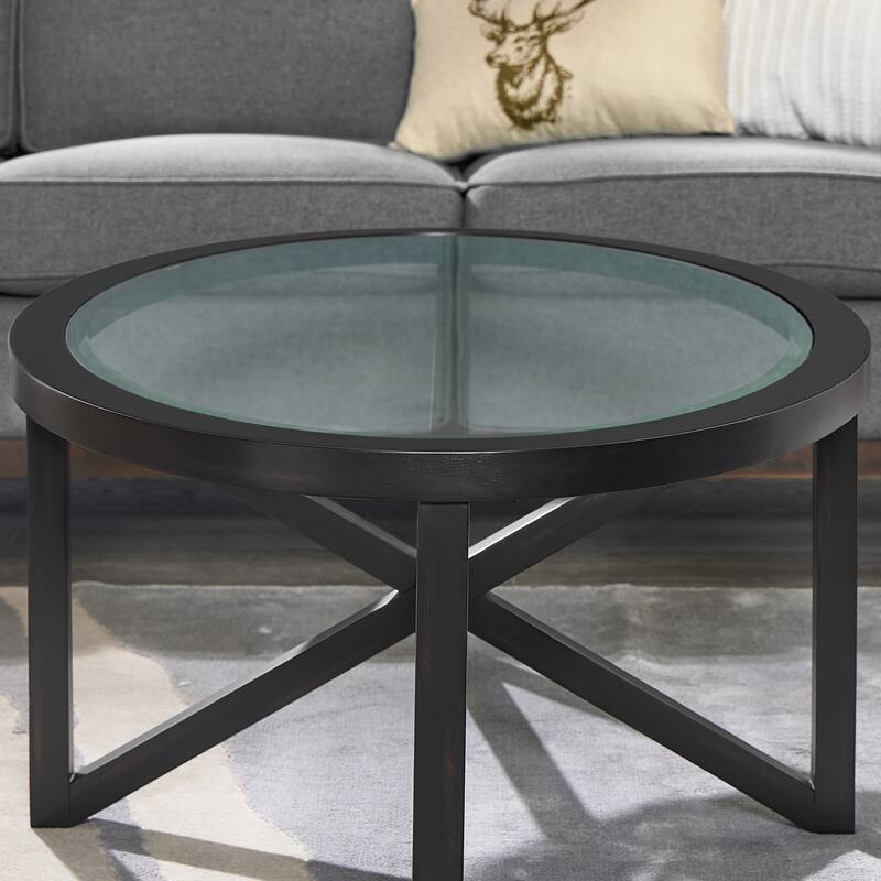 Roomfitters Modern Round Tempered Glass Coffee Table with Solid Wood Base, Transparent Top for Living Room or Study