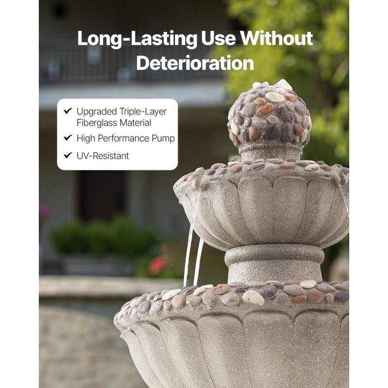 Rock Grey Resin Garden Water Fountain with Splash-Proof Design for Yard Decor - 18.90 x 18.90 x 36.50 in