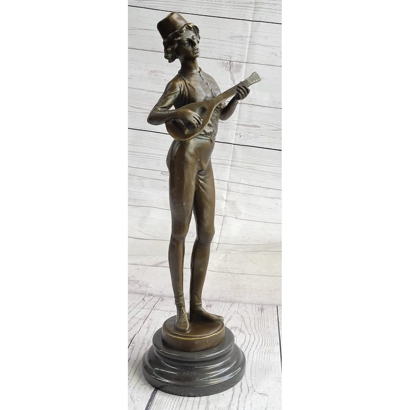 Mandolin Banjo Player Guitar Musician Bronze Sculpture Statue Figure Marble Base 17 Inches X 4.5 Inches