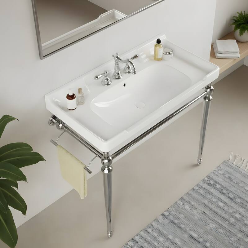Wall-Mounted Bathroom Vanity with Ceramic Basin and Metal Legs