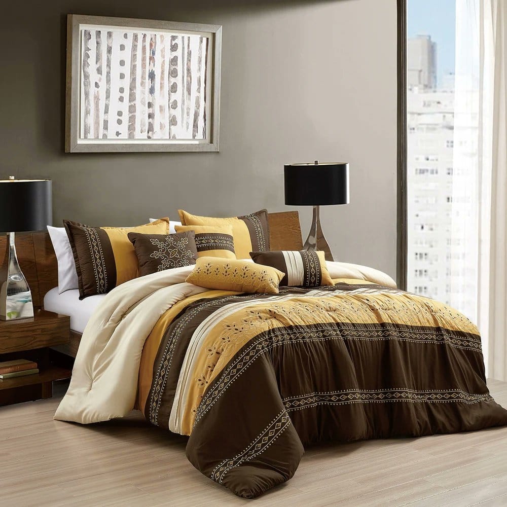 7 Piece Brown Gold Comforter Set Embroidery Soft Bedding