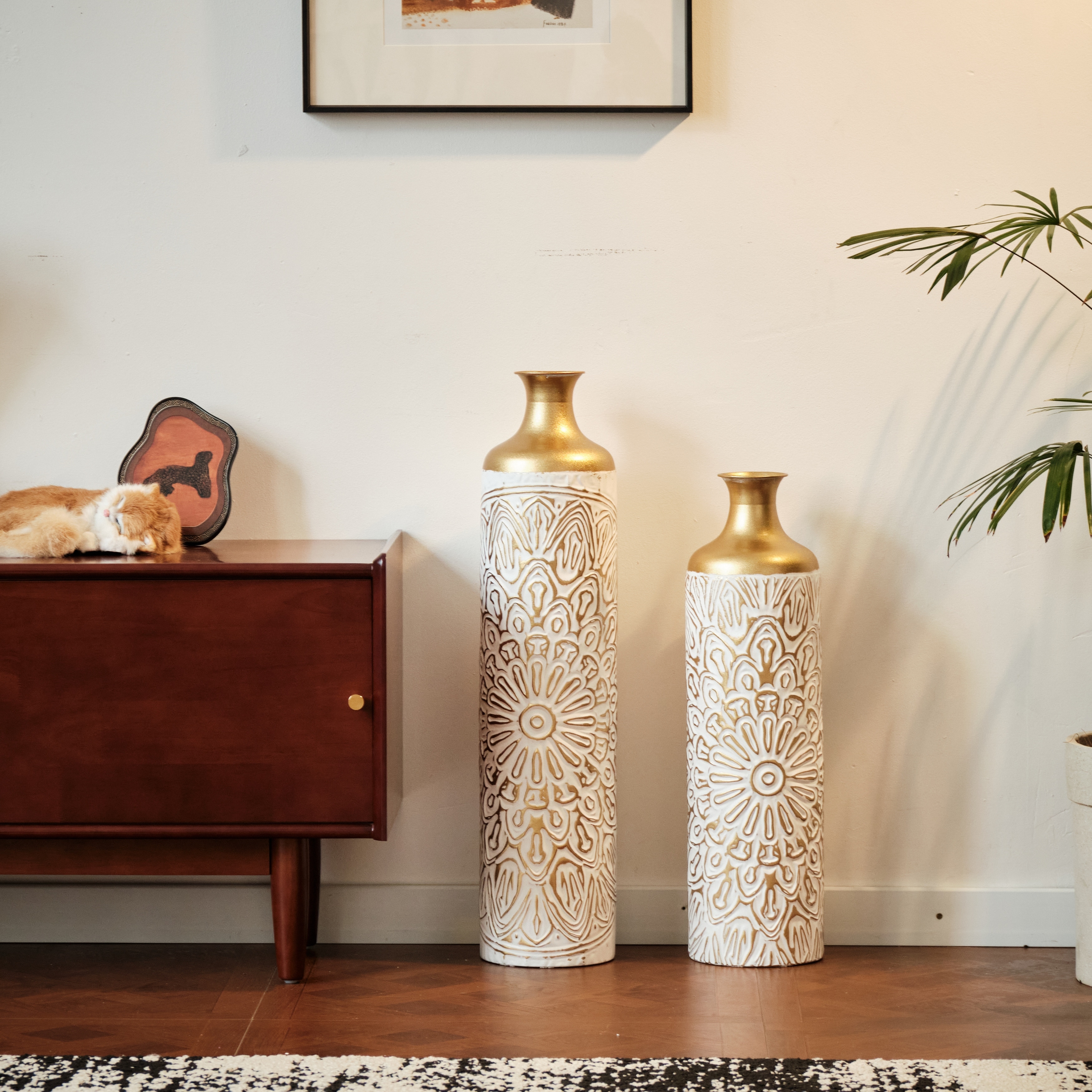 Ornate Floor Standing Metal Decorative Vase Pattern with Flowers Set of 2, 24