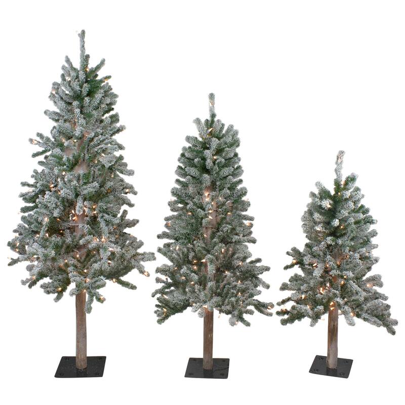 3 Slim Flocked Alpine Artificial Christmas Trees 5' Clear Lights - 5 Foot