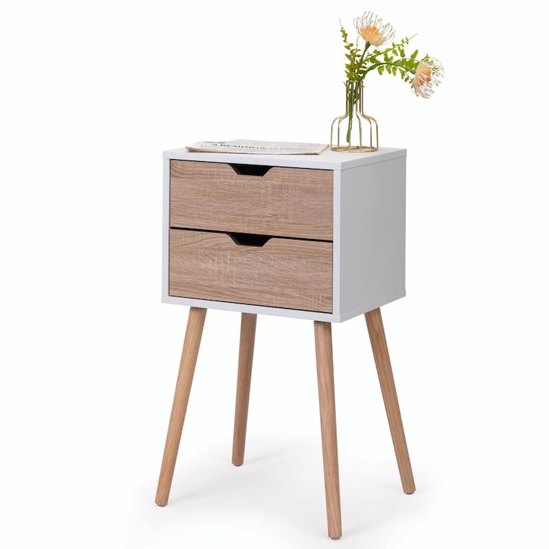 Nightstand with 2 Drawers, Solid Wood Legs, Bedside Table