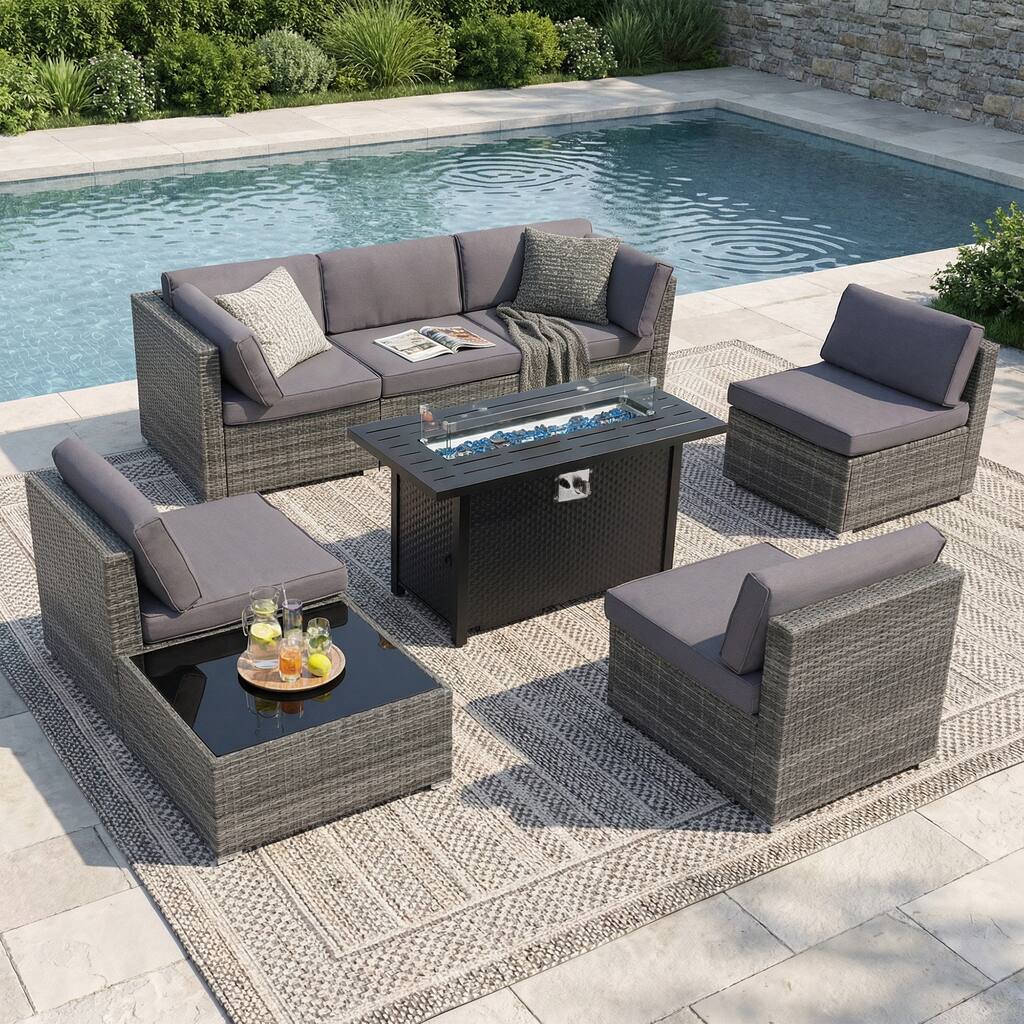 Outdoor Wicker Sectional Sofa 8-Piece Set with Fire Pit Table