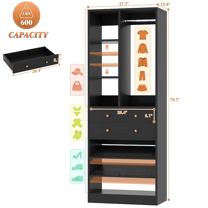 27.7'' Closet Organizer with Shoe Racks and Drawers, Closet System with Hanging Rod and Adjustable Shelves