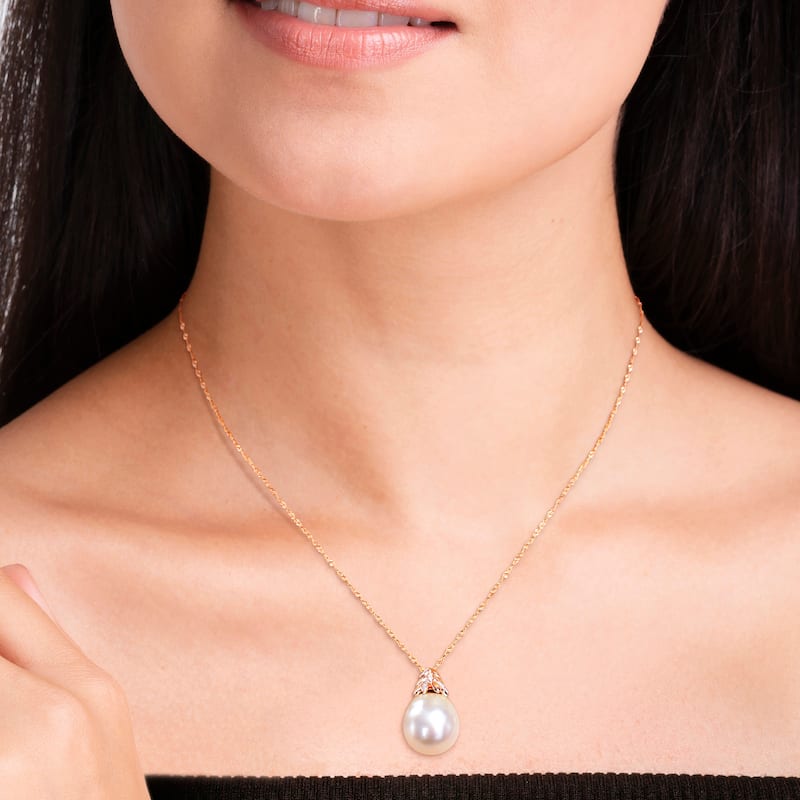 Miadora White South Sea Cultured Pearl & Diamond Accent Pendant in 14k Rose Gold (14-14.5mm)