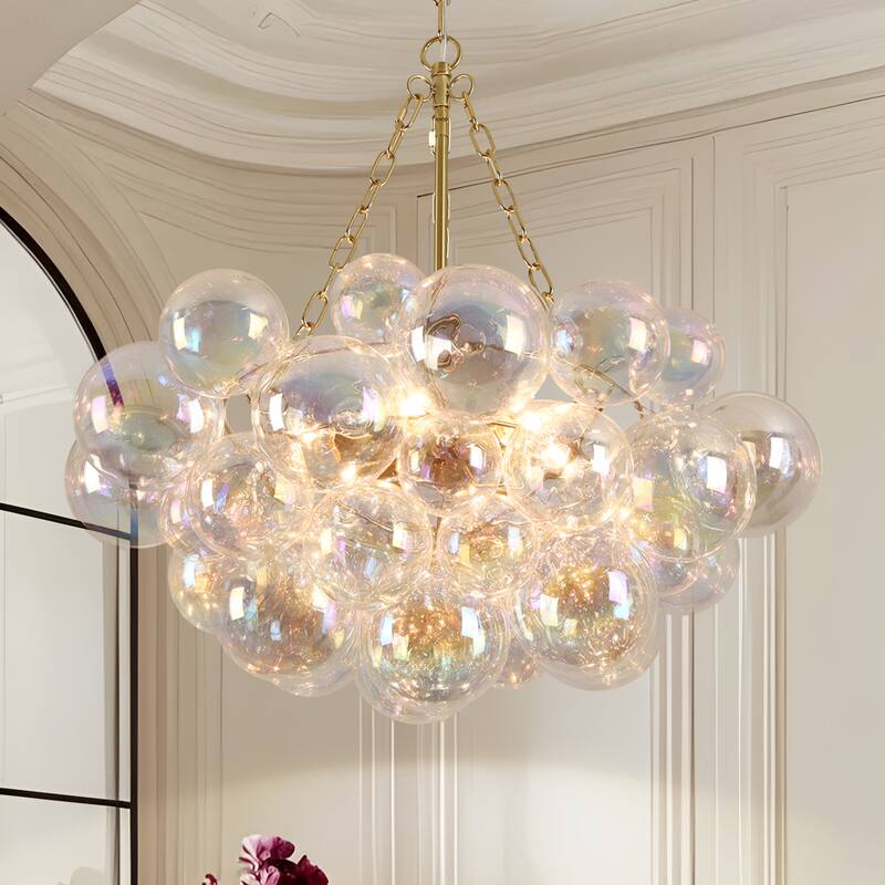 Starsky 6-Light lridescent Bubble Glass Globe chandelier, Hand-Blown Colorful cluster Light, Adjustable Height, Gold or Nickel