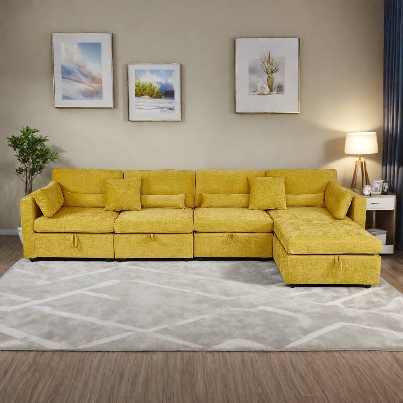 Chenille Modular Sectional Sofa with Ottoman, Right-Arm Chaise and Dual Middle Seats (500lb Capacity)