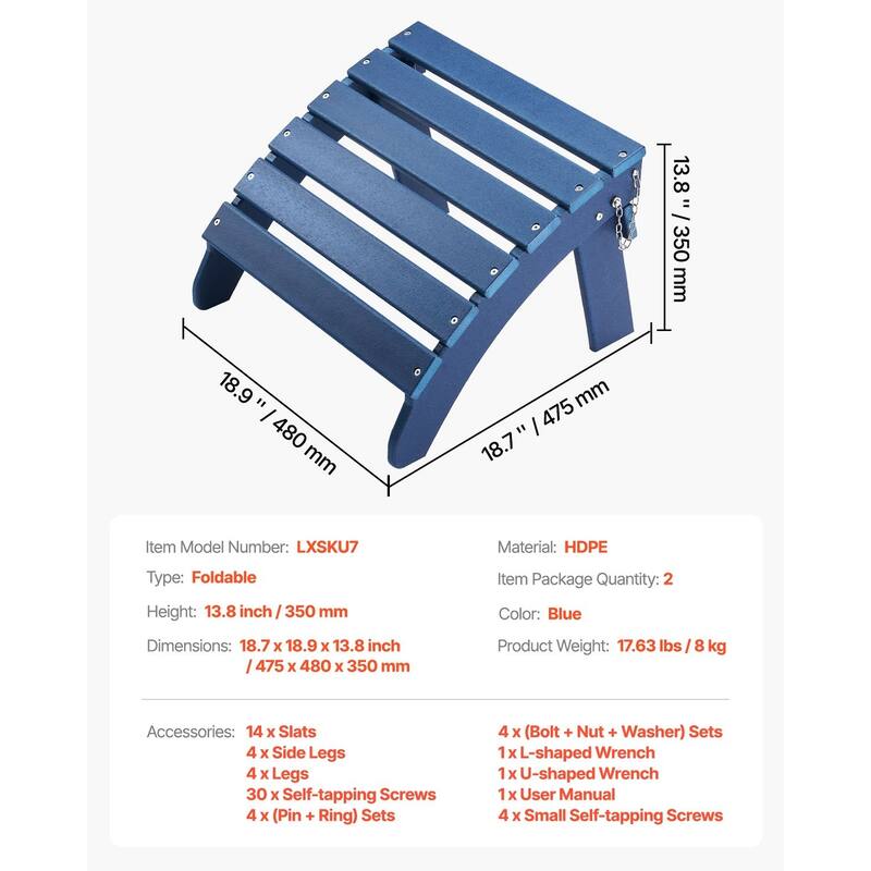 Blue Set of 2 HDPE Foldable Adirondack Ottoman Footrest with Slatted Design Ideal for Outdoor Use - 18.7"L x 18.9"W x 13.8"H