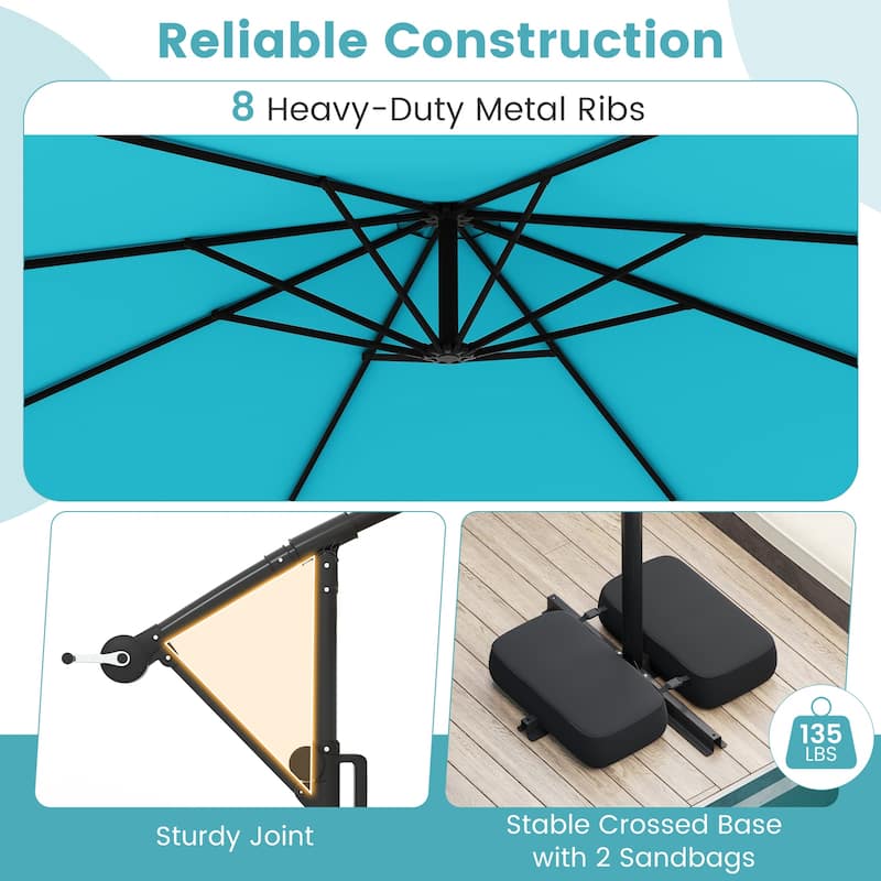 Costway 10 FT Solar Offset Hanging Umbrella with Base Patio Cantilever