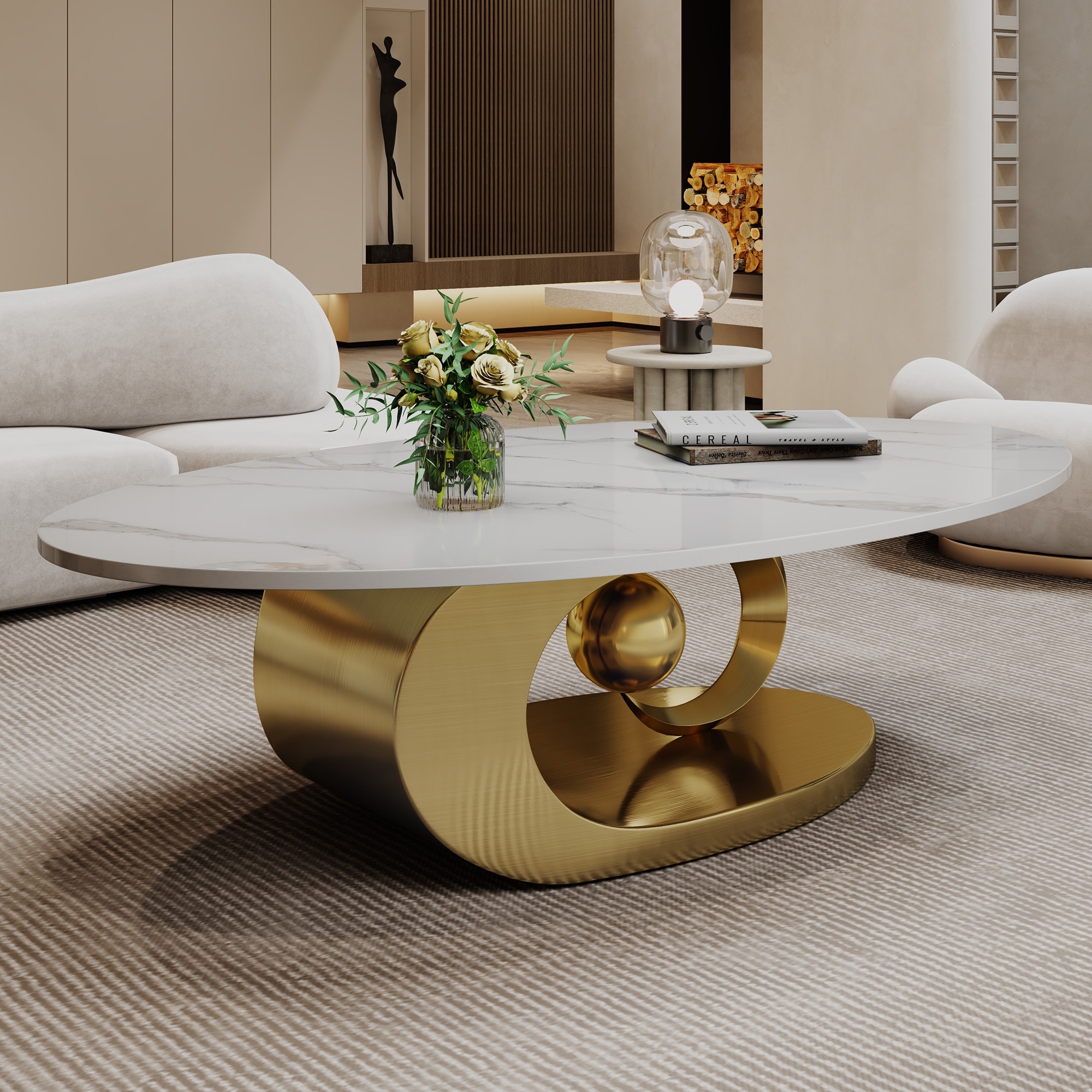 GDFStudio - Contemporary 49.2" Oval Sintered Stone Coffee Table with Sculptural Stainless Steel Base & Anti-tip Adjustable Feet