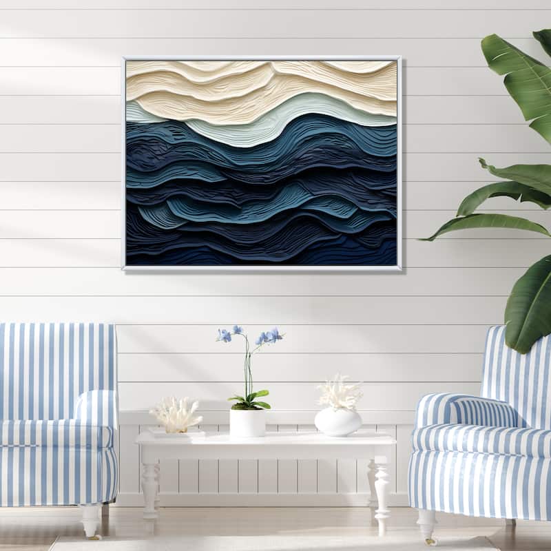 Designart "Blue And White Coastal Wave S Edge" Coastal Minimalism Blue Wall Decor Coastal Living Room Framed Canvas Art - 44 in. wide x 34 in. high - White