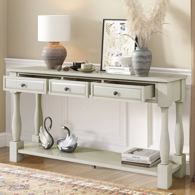 63"Long Console Table with 3 Drawers and Shelf for Entryway and Living Room in Mediterranean Design