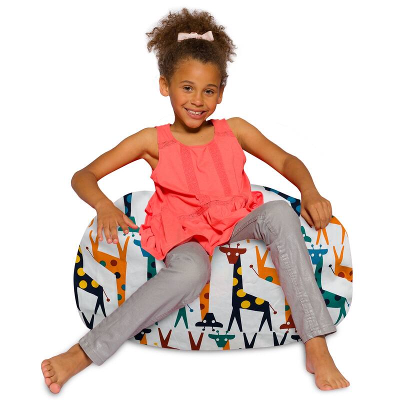 Kids Bean Bag Chair, Big Comfy Chair - Machine Washable Cover - 27 Inches Medium - Canvas Giraffes on White