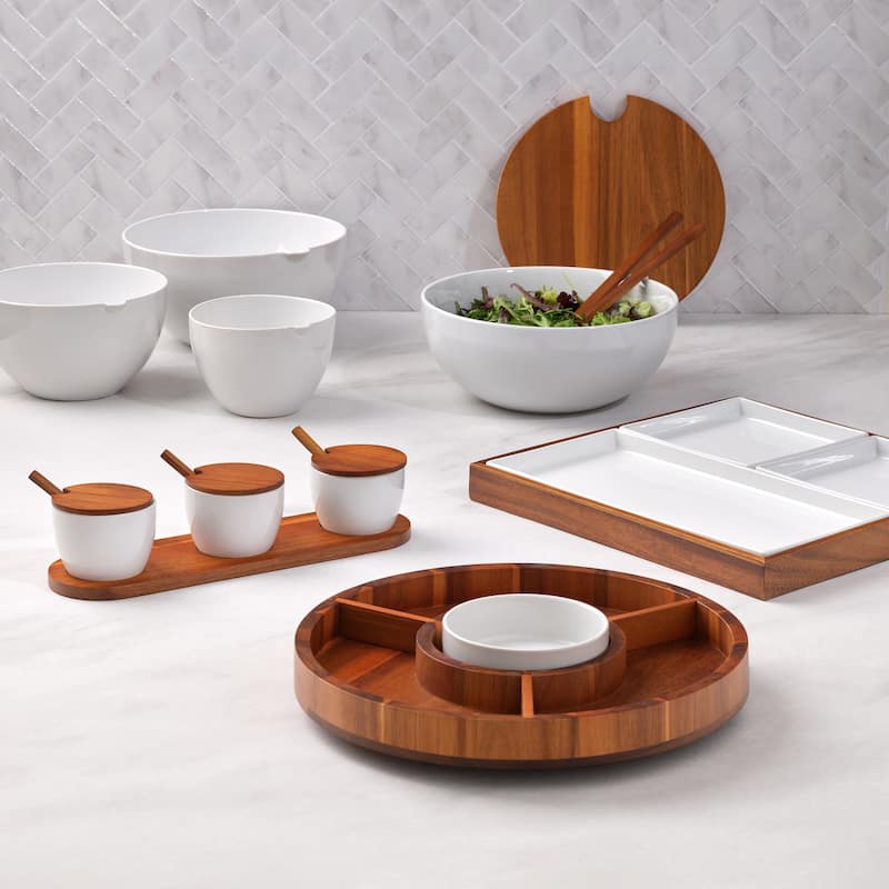 Nambe Duets Lazy Susan Crudite Tray and Bowl - Tray: 14" D x 1.5" H; Bowl: 6" D x 2" H