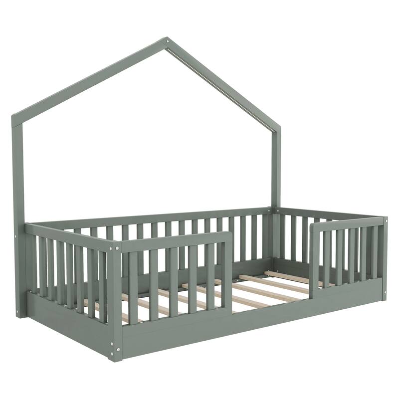 Twin Floor Bed with High Rails, Wooden Montessori Bed with Light for Kids, Boys and Girls