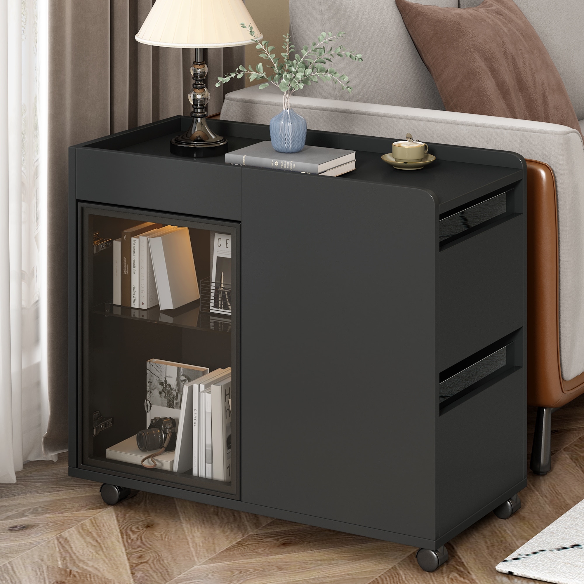 End Table Storage Side Table with LED Light and Wheels, Accent