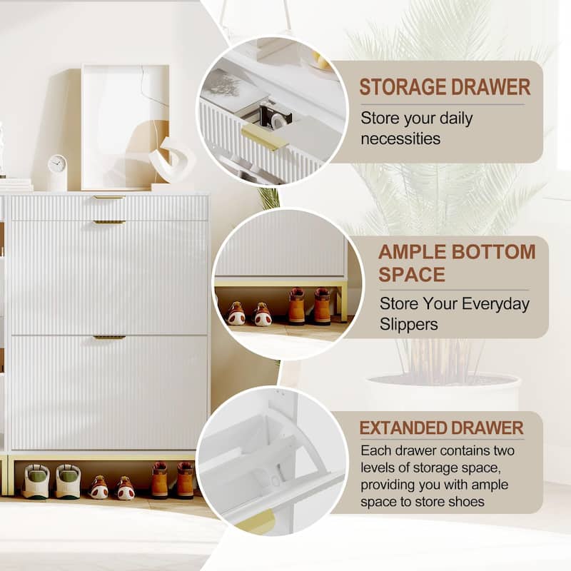 Slim Shoe Cabinet with 2 Flip Drawers & Top Drawer