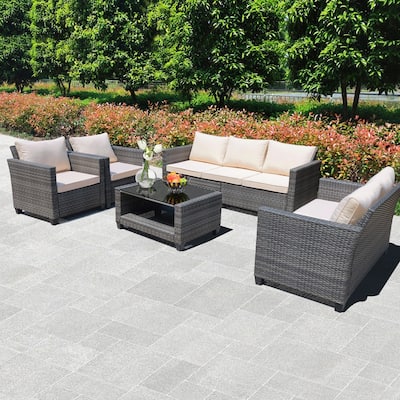 5-Piece Patio Wicker Conversation Sofa Set with Coffee Table,Rattan Sofa Chair with Cushion