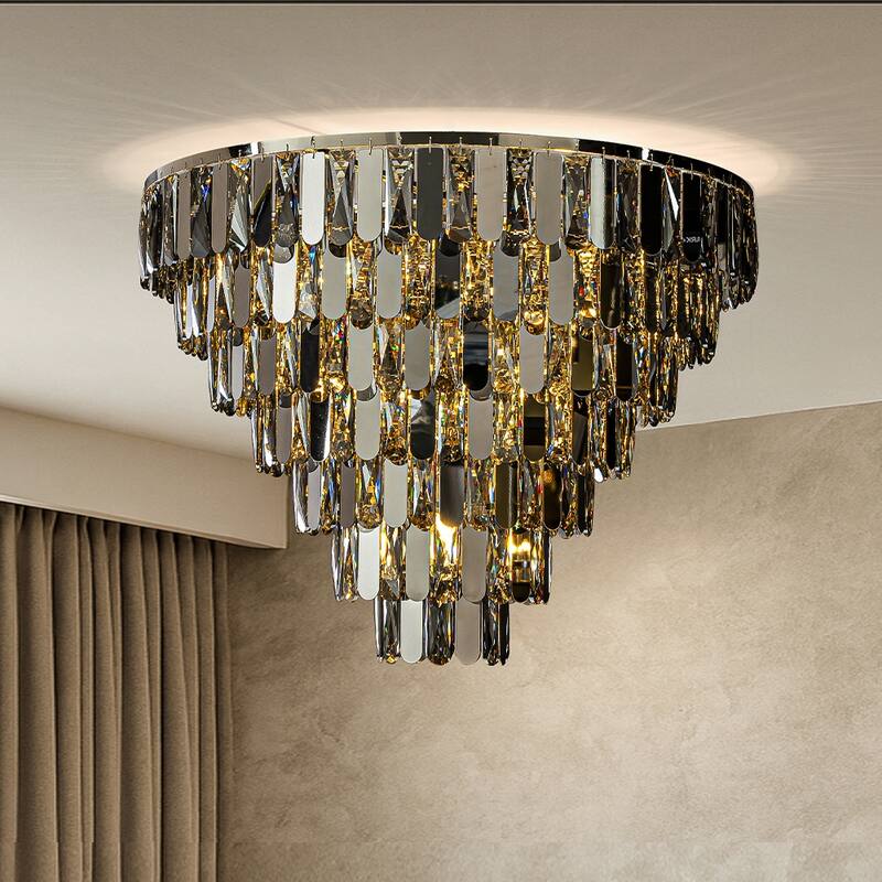 Dimmable Smoked Crystal Flush Mount Ceiling Light Round with Polished Nickel Finish and Stainless Steel Accents for Dining Room - W28''