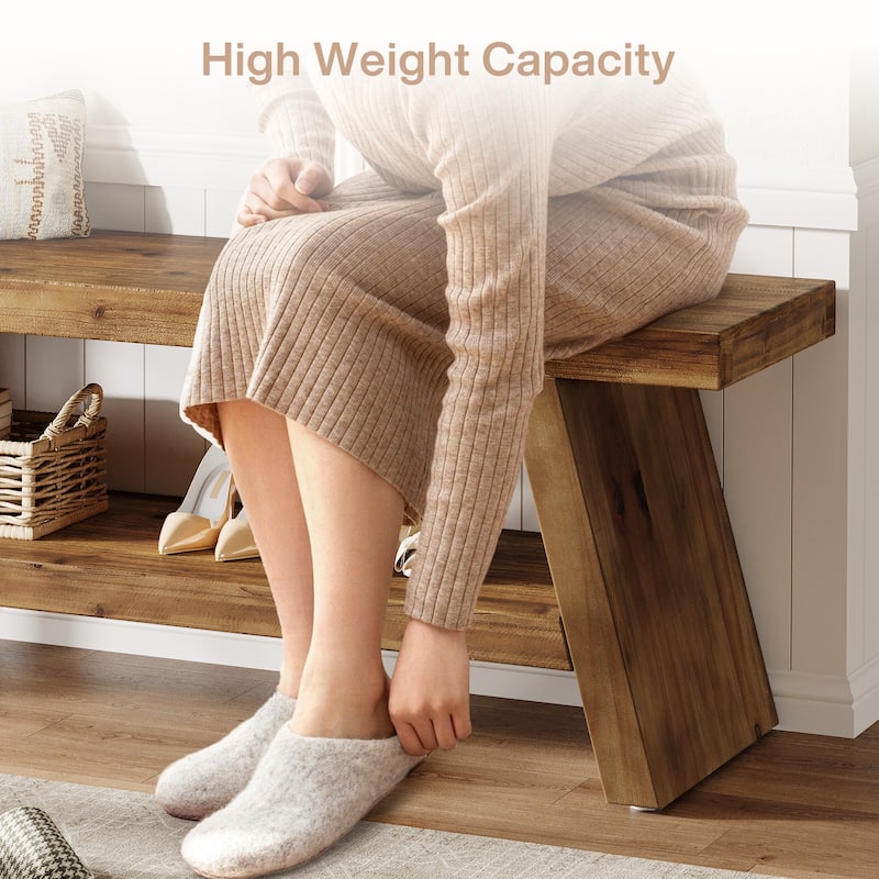 Solid Wood Entryway Bench, 2-Tier Shoe Bench with Open Shelves