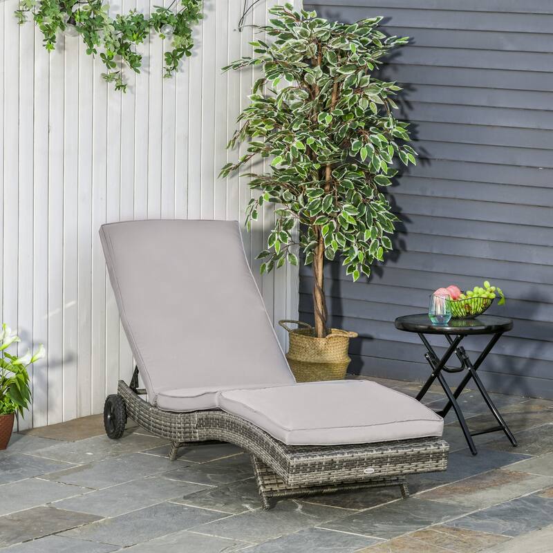 Outdoor Chaise Lounge with PE Rattan Cushioned, Patio Sun Lounger with 5-Level Adjustable Backrest & Wheels